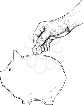 Vector black and white drawing of hand putting coin in piggy bank. Metaphor of investment and finance.