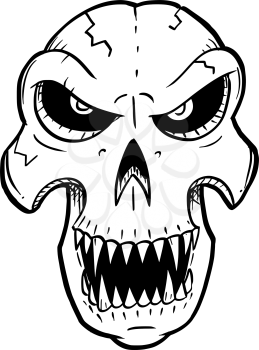 Cartoon drawing conceptual illustration of angry monster skull with sharp teeth looking front.
