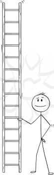 Cartoon stick drawing conceptual illustration of man or businessman holding tall ladder.