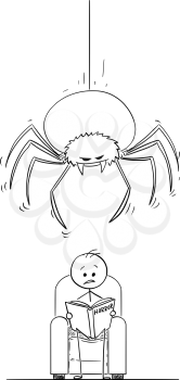 Cartoon stick drawing illustration of man sitting in arm chair and reading gripping horror book. Giant spider is hanging on the thread above his head ready to attack.