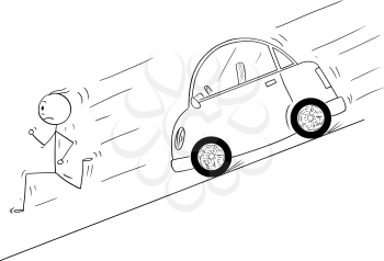Cartoon stick drawing conceptual illustration of man running fast down the hill from his own car moving uncontrolled without driver. Car was left without use of the hand brake.