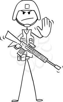 Cartoon stick drawing conceptual illustration of modern soldier in full tactical gear with rifle and helmet showing stop gesture.