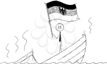 Cartoon stick drawing conceptual illustration of politician standing depressed on sinking boat waving the flag of Federal Republic of Germany.