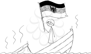 Cartoon stick drawing conceptual illustration of female or woman politician or prime minister or chancellor standing depressed on sinking boat waving the flag of Federal Republic of Germany.