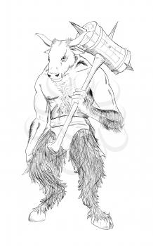 Black and white ink artistic rough hand drawing of fantasy or mythological minotaur with maul.
