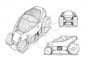 Black and white pencil concept art drawing of small futuristic or sci-fi automotive off-road buggy designs. Three angles view, front, side and perspective.