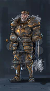 Concept art digital painting or illustration of warrior king in full plate armor.