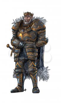 Concept art digital painting or illustration of warrior king in full plate armor.