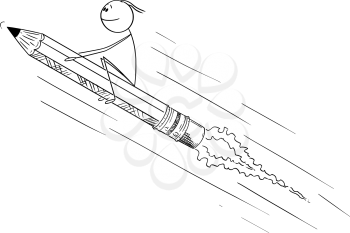 Vector cartoon stick figure drawing conceptual illustration of man or Businessman sitting on pencil rocket. Creative ideas and creativity concept.