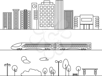 Vector city elements in outline style. Illustrations with buildings, houses, train and nature elements. Ideal for business web publications, graphic design. Flat style vector illustration.