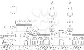 Islamic outline cityscape with houses, mosque and minaret. Mosques and minarets horizontal patterns. Vector illustration