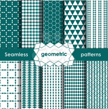 Vector Geometric Seamless Patterns Set. Turquoise Textures on white