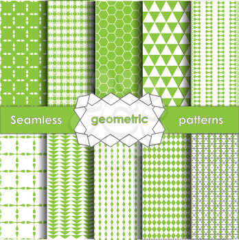 Vector Geometric Seamless Patterns Set. Green Textures on white