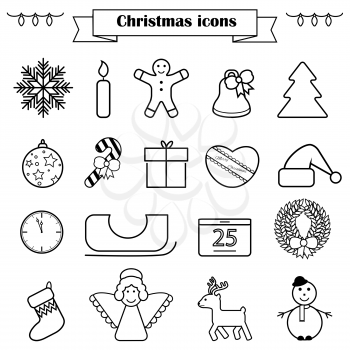 Set of line Christmas icons and decorations, new year isolated contour objects.