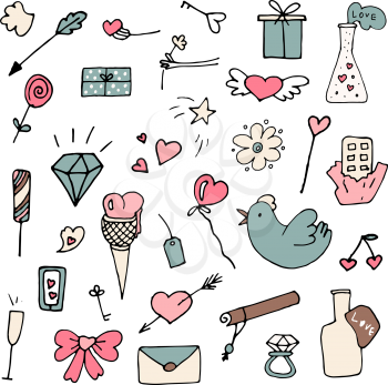 Set of valentine icons in doodle style. Hand drawn elements for wedding cards, romantic design etc.