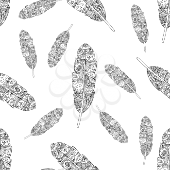Hand drawn feather seamless pattern. Vector vintage ethnic. Zentangle style. Izolated on a white background.