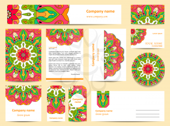 Stationery template design with mandalas. Documentation for business. Pink and green colors