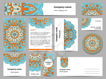 Stationery template design with mandalas. Documentation for business. Blue and orange colors