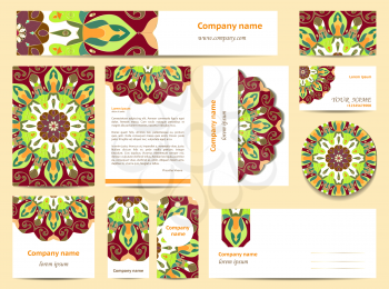 Stationery template design with mandalas. Documentation for business. Green and burgundy colors