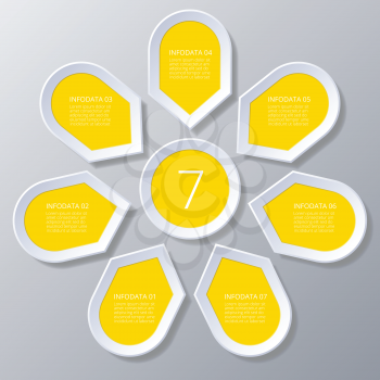 Chart cyclic process  Infographic yellow Points arranged in sun circle,  elements for diagram with 7 steps, options, parts, processes. Universal vector template for presentation and training.