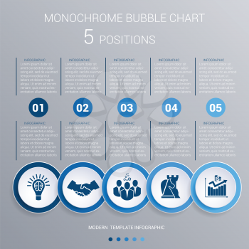 Infographics template for 5 steps. Monochrome Blue bubbles chart, elements for visualization business processes.  