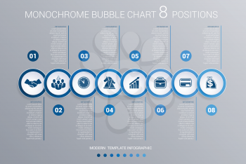 Infographics template for 8 steps. Monochrome Blue bubbles chart, elements for visualization business processes.