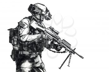 US Army Ranger member with machinegun and night vision goggles moving on mission. Hand drawn image