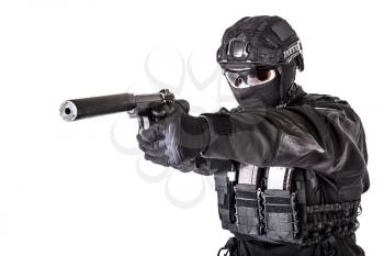 Close up photo of silencer on pistol barrel in hands of police or army special forces fighter in black uniform and helmet, with hidden behind mask face, aiming in camera, isolated on white background