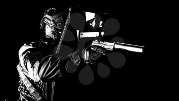Police special forces fighter, assault team member, tactical group officer in black uniforms, aiming with silenced pistol while hiding behind, covering himself with ballistic shield, high contrast