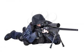 Special weapons and tactics (SWAT) team officer with sniper rifle