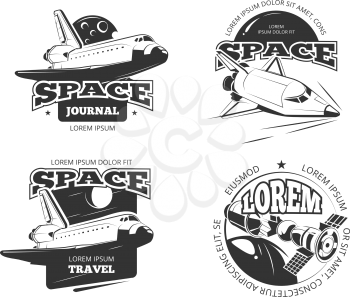 Cosmos, space astronaut badges, emblems and logos vector set. Label travel cosmos, science cosmos travel satellite, cosmos ship, space rocketship logo illustration