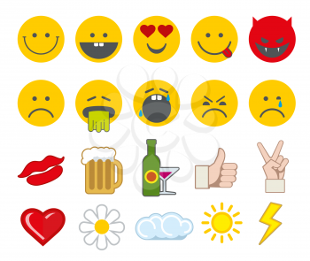 Emoticon vector icons set with thumbs up, chat, heart and other icons. Angry smiley, funny smiley, barf face smiley illustration