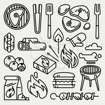 Barbecue and grill thin line vector icons. Picnic bbq icon and cooking bbq linear style illustration