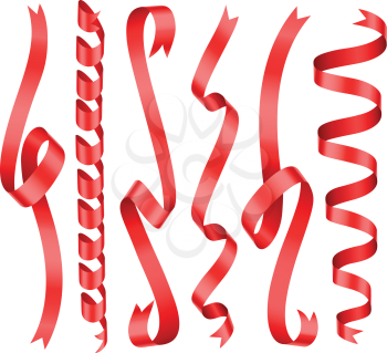 Red shining rolled vertical vector ribbons with copy space. Ribbon decoration and satin or silk curl ribbon illustration
