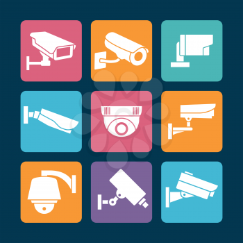 Security cameras white icons on colorful backdrop. Camera security symbol, vector illustration