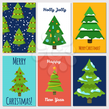 Christmas and New Year cards template with cartoon festive Christmas tree. Vector christmas tree to winter holiday illustration