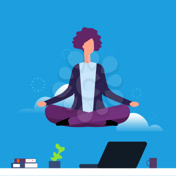 Businesswoman doing yoga and meditation. Girl hanging in lotus pose over office desk. Woman yoga pose lotus, meditating and relaxation illustration
