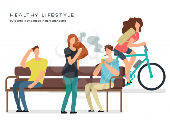 Healthy lifestyle vector poster design with smoking and non-smoking girl and boys. Illustration of smoker with cigarette and health character on bike