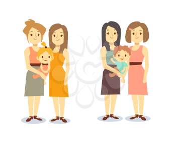 Set of happy gay LGBT women families with children. Lesbian family with child illustration