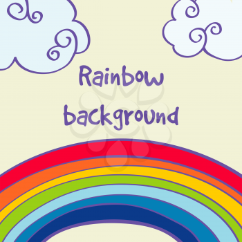 Vector hand drawn rainbow and clouds good weather background. Cartoon childish illustration with rainbow
