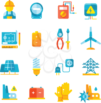 Electricity, electric meter, electrical equipment flat vector icons. Electric industrial and alternative electric power illustration