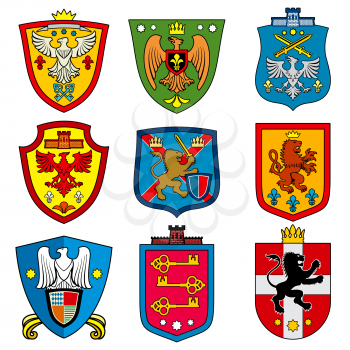 Family dynasty medieval royal coat of arms on shield vector set. Nobility heraldic color shields, illustration of royalty majestic dynasty shield