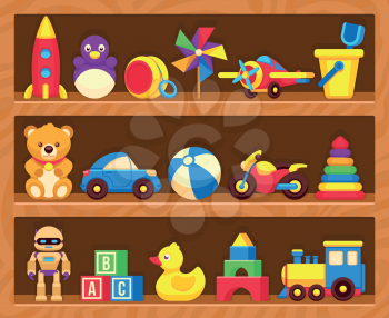 Kids toys on wood shop shelves. Toys in shelf robot and motorcycle, kids toys duck and teddy bear illustration
