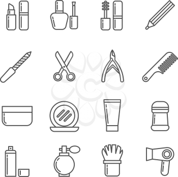 Cosmetics and beauty vector thin line icons. Set of cosmetic for women, collection of cosmetics lipstick and perfume illustration