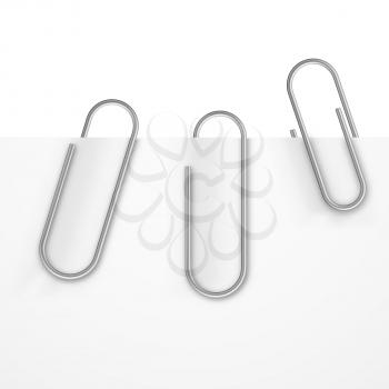 Realistic paper clips vector set. Metal paperclip with sheet, office tool for attaching illustration