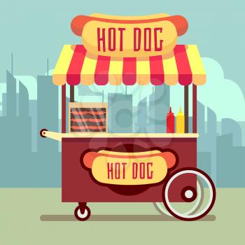 Street food vending cart with hot dogs vector illustration. Urban kiosk for sale hotdogs