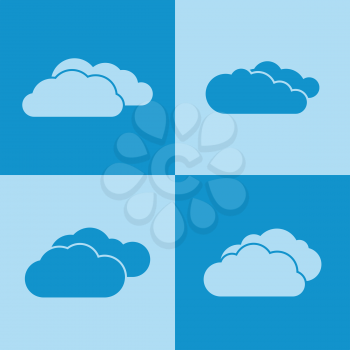 Cloud icons on blue background. Weather clouds and internet communication. Vector illustration
