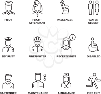 Aviation staff linear vector icons. Pilot, passenger, stewardess, security officer outline symbols. Illustration staff for aviation stewardess and nurse, Line set of icon for airport