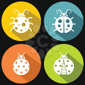 Ladybugs on yellow background with shadow. White insect in circle. Vector illustration