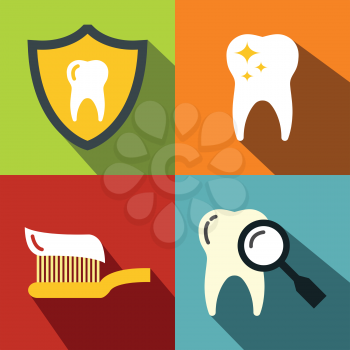Dentistry medical flat icons on color background with long shadow. Oral hygiene and medicine. Vector illustration